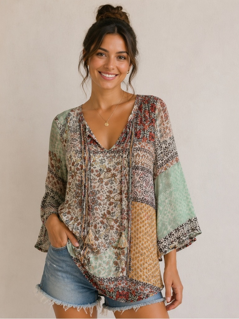 Unity World Wear Patchwork Print Sheer Boho Bell Sleeve Tunic V-Neck Tie Med
